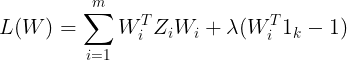 \large L(W) = \sum\limits_{i=1}^{m} W_i^TZ_iW_i + \lambda(W_i^T1_k - 1)