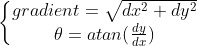 \left\{\begin{matrix} gradient= \sqrt{dx^{2}+dy^{2}}\\ \theta=atan(\frac{dy}{dx})\end{matrix}\right.