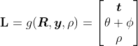 \mathbf{L}=g(\boldsymbol{R},\boldsymbol{y},\rho )=\begin{bmatrix} \boldsymbol{t}\\ \theta+\phi \\ \rho \end{bmatrix}