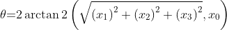 \theta \text{=}2\arctan 2\left( \sqrt{{{\left( {{x}_{1}} \right)}^{2}}+{{\left( {{x}_{2}} \right)}^{2}}+{{\left( {{x}_{3}} \right)}^{2}}},{{x}_{0}} \right)