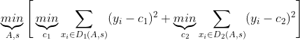 \underbrace{min}_{A,s}\Bigg[\underbrace{min}_{c_1}\sum\limits_{x_i \in D_1(A,s)}(y_i - c_1)^2 + \underbrace{min}_{c_2}\sum\limits_{x_i \in D_2(A,s)}(y_i - c_2)^2\Bigg]