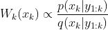 {​{W}_{k}}({​{x}_{k}})\propto \frac{p({​{x}_{k}}|{​{y}_{1:k}})}{q({​{x}_{k}}|{​{y}_{1:k}})}
