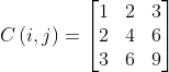 C\left ( i,j \right )=\begin{bmatrix} 1 & 2 &3 \\ 2 & 4 &6 \\ 3 &6 & 9 \end{bmatrix}