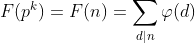 F(p^k) = F(n) = sum_{dmid n}varphi (d)