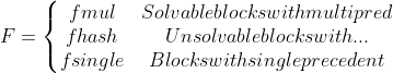 F=\left\{\begin{matrix} fmul &Solvable blocks with multi pred \\ fhash & Unsolvable blocks with ...\\ fsingle & Blocks with single precedent \end{matrix}\right.