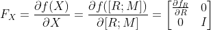 F_X=\frac{\partial f(X)}{\partial X}=\frac{\partial f([R;M])}{\partial [R;M]}=\begin{bmatrix} \frac{\partial f_R}{\partial R} & 0 \\ 0 & I \end{bmatrix}