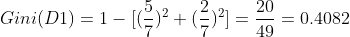 Gini(D1)=1-[(\frac{5}{7})^2 + (\frac{2}{7})^2]=\frac{20}{49}=0.4082