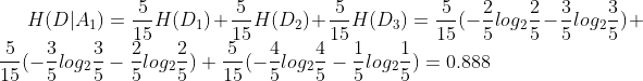 H(D|A_{1}) = \frac{5}{15} H(D_{1}) + \frac{5}{15} H(D_{2}) + \frac{5}{15} H(D_{3}) = \frac{5}{15} (- \frac{2}{5}log_{2}\frac{2}{5} - \frac{3}{5}log_{2}\frac{3}{5}) + \frac{5}{15} (- \frac{3}{5}log_{2}\frac{3}{5} - \frac{2}{5}log_{2}\frac{2}{5}) + \frac{5}{15} (- \frac{4}{5}log_{2}\frac{4}{5} - \frac{1}{5}log_{2}\frac{1}{5}) = 0.888