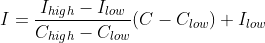 I=\frac{I_{high}-I_{low}}{C_{high}-C_{low}}(C-C_{low})+I_{low}