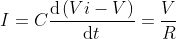 I=C\frac{\mathrm{d}\left ( Vi-V \right ) }{\mathrm{d} t}=\frac{V}{R}