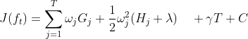 J(f_t)=\sum_{j=1}^{T}\omega_jG_j+\frac{1}{2}\omega_j^2(H_j+\lambda)\quad +\gamma{T}+C