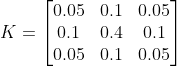 K=\left[ \begin{matrix} 0.05 & 0.1 & 0.05 \\ 0.1 & 0.4 & 0.1 \\ 0.05 & 0.1 & 0.05 \\ \end{matrix} \right]