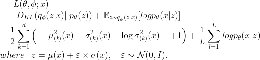 L(\theta, \phi;x)\\=-D_{KL}(q_{\phi}(z|x)||p_{\theta}(z))+\mathbb{E}_{z\sim q_{\phi}(z|x)}[logp_{\theta}(x|z)] \\=\frac{1}{2} \sum_{k=1}^d \Big(-\mu_{(k)}^2(x) - \sigma_{(k)}^2(x) + \log \sigma_{(k)}^2(x) -+1\Big)+\frac{1}{L}\sum_{l=1}^{L}logp_{\theta}(x|z) \\ where\, \, \, \, \, z = \mu(x) + \varepsilon \times \sigma(x),\quad \varepsilon\sim \mathcal{N}(0,I).