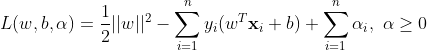 L(w,b,\alpha) = \frac{1}{2}||w||^2 - \sum_{i=1}^{n}y_i(w^T\mathbf{x}_i + b) + \sum_{i=1}^n\alpha_i, \ \alpha \geq 0