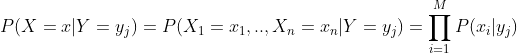 P(X=x|Y=y_j)=P(X_1=x_1,..,X_n=x_n|Y=y_j)=\prod _{i=1}^{M}P(x_i|y_j)