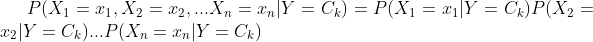 P(X_1=x_1,X_2=x_2,...X_n=x_n|Y=C_k)=P(X_1=x_1|Y=C_k)P(X_2=x_2|Y=C_k)...P(X_n=x_n|Y=C_k)