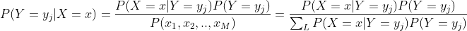 P(Y=y_j|X=x) = \frac{P(X=x|Y=y_j)P(Y=y_j)}{P(x_1,x_2,..,x_M)} = \frac{P(X=x|Y=y_j)P(Y=y_j)}{\sum_LP(X=x|Y=y_j)P(Y=y_j)}