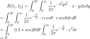 R(t_1,t_2)=\int_0^{2\pi}\int_0^{\infty}\frac{1}{2\pi}e^{-\frac{x^2+y^2}{2}}\cdot x\cdot ydxdy\\=\int_0^{2\pi}\int_0^{\infty}\frac{1}{2\pi}e^{-\frac{r^2}{2}}\cdot rcos\theta \cdot r sin\theta drd\theta\\=\int_0^{2\pi}0.5*sin2\theta d\theta\int_0^{\infty}\frac{1}{2\pi}e^{-\frac{r^2}{2}}\cdot r^2 dr\\=0