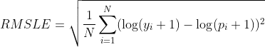 RMSLE=\sqrt{\frac{1}{N} \sum^N_{i=1}(\log(y_i+1)-\log(p_i+1))^2}