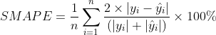 SMAPE=\frac{1}{n}\sum_{i=1}^n\frac{2\times \left | {y_i-\hat{y}_i} \right |}{(\left | y_i \right | + \left | \hat{y}_i \right |)}\times 100\%
