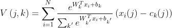 Vleft ( j,k 
ight )=sum _{i=1}^{N}frac{e^{ W_{k}^{T}x_{i}+b_{k}}}{sum _{k^{'}}e^{ W_{k^{'}}^{T}x_{i}+b_{k^{'}}}}left ( x_{i} (j)-c_{k}(j)
ight )
