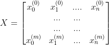 X=\begin{bmatrix} x_0^{(0)} & x_1^{(0)} & .... & x_n^{(0)}\\ & ... & ... & \\ & ... & ... & \\ x_0^{(m)} & x_1^{(m)} & ... & x_n^{(m)} \end{bmatrix}