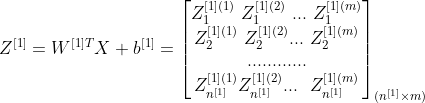 Z^{[1]} =W^{[1]T}X + b^{[1]}= \begin{bmatrix} Z_{1}^{[1](1)} \ Z_{1}^{[1](2)} \ ... \ Z_{1}^{[1](m)} \\ Z_{2}^{[1](1)} \ Z_{2}^{[1](2)} ... \ Z_{2}^{[1](m)} \\ ... ... ... ... \\ Z_{n^{[1]}}^{[1](1)} Z_{n^{[1]}}^{[1](2)} ... \ \ Z_{n^{[1]}}^{[1](m)} \end{bmatrix}_{(n^{[1]}\times m)}
