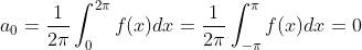 a_0=\frac{1}{2\pi}\int_{0}^{2\pi}f(x)dx = \frac{1}{2\pi}\int_{-\pi}^{\pi}f(x)dx =0
