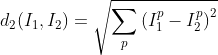 d_2(I_1,I_2) =\sqrt{ \sum_{p}\left ( I_1^p-I_2^p \right )^2}