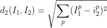 d_2(I_1,I_2)=\sqrt {\sum_p(I_1^p-i^p_2)^2}