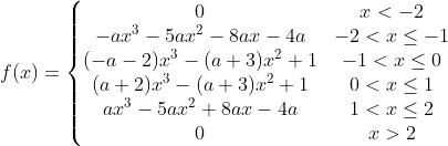 f(x) =\left\{\begin{matrix} 0 & x<-2 \\ -a x^3-5 a x^2-8 a x-4 a & -2<x\leq -1 \\ (-a-2) x^3-(a+3) x^2+1 & -1<x\leq 0 \\ (a+2) x^3-(a+3) x^2+1 & 0<x\leq 1 \\ a x^3-5 a x^2+8 a x-4 a & 1<x\leq 2 \\ 0 & x>2 \end{matrix}\right.