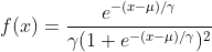f(x)=\frac{e^{-(x-\mu )/\gamma }}{\gamma (1+e^{-(x-\mu )/\gamma })^{2}}