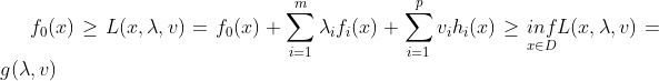 f_0(x)\geq L(x,\lambda,v)=f_0(x)+\sum _{i=1}^m \lambda_i f_i(x)+\sum_{i=1}^p v_ih_i(x)\geq \underset {x\in D}{inf}L(x,\lambda,v)=g(\lambda,v)