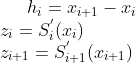 h_{i} = x_{i+1} - x_{i} \\ z_{i} = S^{'}_{i}(x_{i})\\ z_{i+1} =S^{'}_{i+1}(x_{i+1})