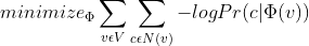 minimize_{\Phi } \sum _{v \epsilon V } \sum _{c \epsilon N(v) } -log Pr(c|\Phi (v))