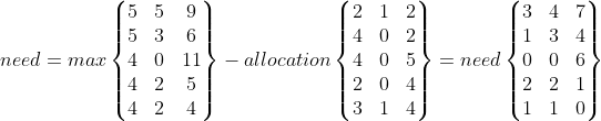 need=max\begin{Bmatrix} 5& 5 & 9\\ 5 &3 &6 \\ 4& 0 & 11\\ 4& 2 & 5\\ 4& 2 & 4 \end{Bmatrix} -allocation\begin{Bmatrix} 2 &1 &2 \\ 4& 0 &2 \\ 4 &0 &5 \\ 2&0 &4 \\ 3& 1 & 4 \end{Bmatrix} =need \begin{Bmatrix} 3& 4 &7 \\ 1 & 3 & 4\\ 0 & 0 &6 \\ 2& 2 &1 \\ 1& 1& 0 \end{Bmatrix}