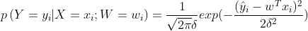 p\left ( Y=y_i|X=x_i;W=w_i \right )=\frac{1}{\sqrt{2\pi }\delta }exp(-\frac{(\hat{y}_i -w^Tx_i )^2}{2\delta^2})