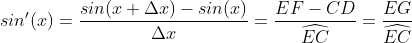 sin'(x)=\frac{sin(x+\Delta x)-sin(x)}{\Delta x}= \frac{EF-CD}{\widehat{EC}}=\frac{EG}{\widehat{EC}}