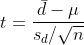 t=\frac{\bar{d}-\mu} {s_d/\sqrt{n}}