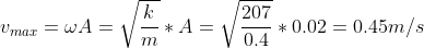 v_{max}=\omega A = \sqrt{\frac{k}{m}}*A=\sqrt{\frac{207}{0.4}}*0.02=0.45m/s